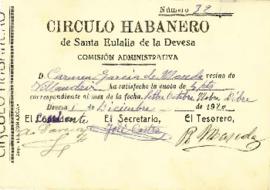 Modelo recibo do pago da cota social para os socios do Círculo Habanero de la Devesa en Galicia